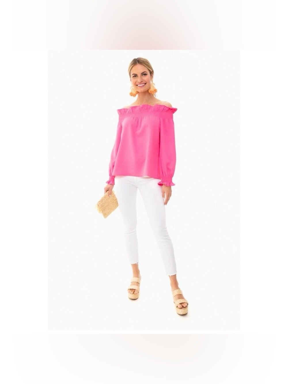 Tuckernuck off the shoulder Marguerite top pink ruffle vibrant dainty poplin med